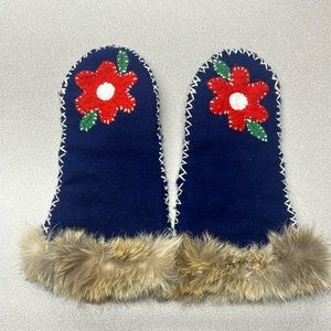 Rabbit Fur Trimmed Blue Wool Flower Mitten